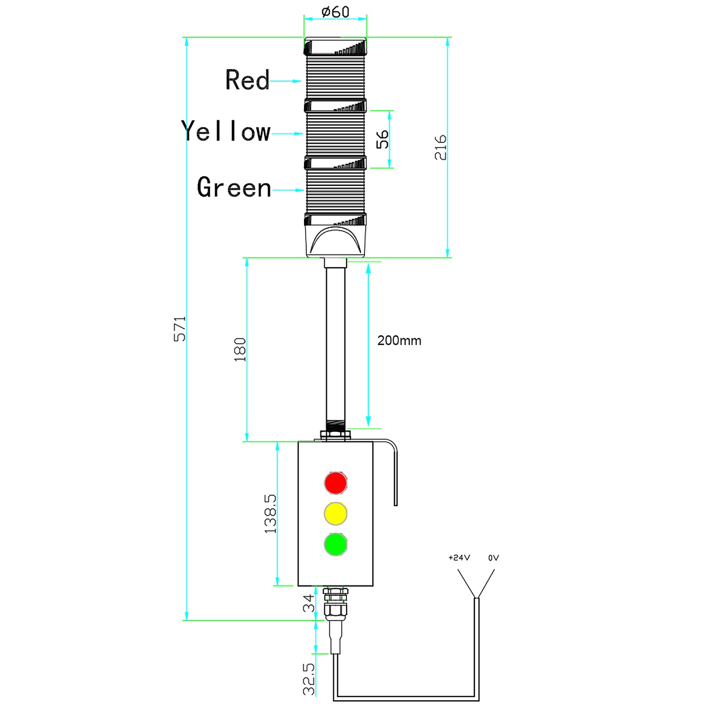 ANDONT 3 Stack Super Bright LED Andon Tower Lights with Buzzer, Red/Yellow/Green, OFF-ON or Flash, 6 ft Industrial Adapter, IP53, 2.36" Diameter 17.8" Length, Plug Play Ready