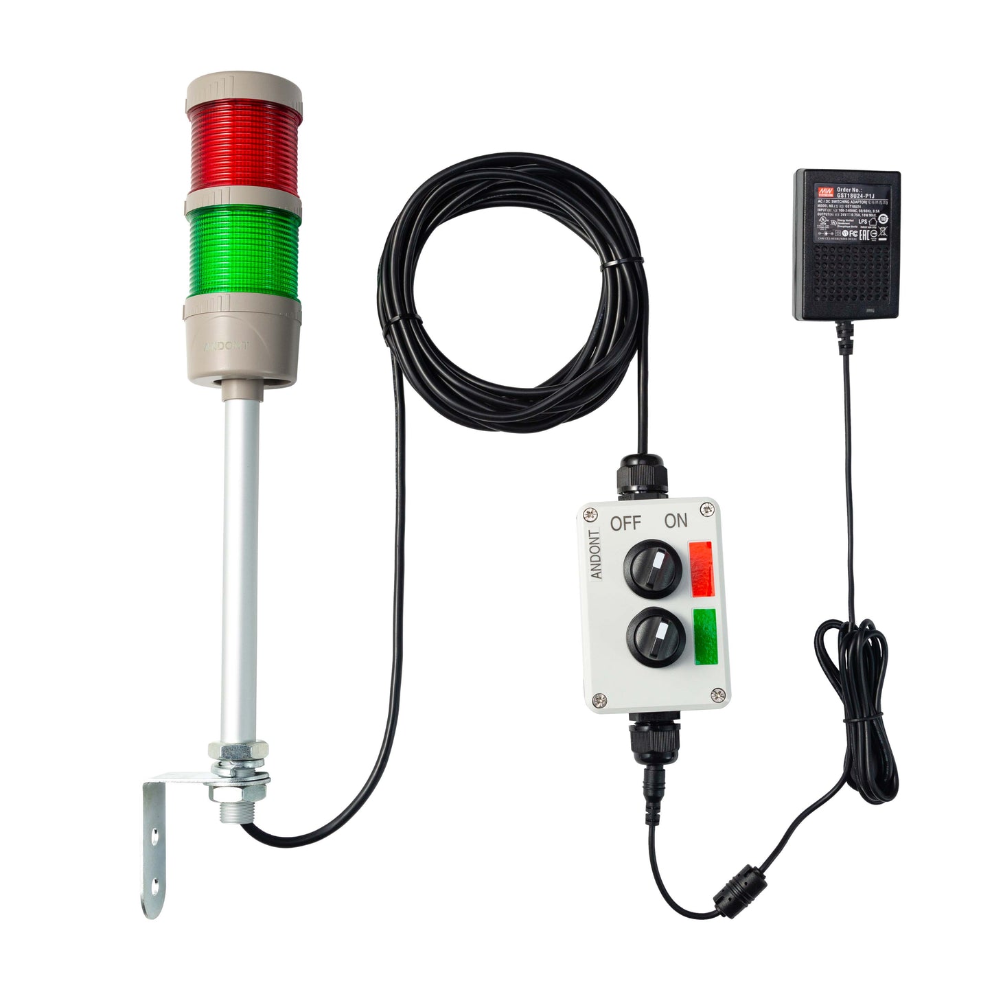 ANDONT 2 Stack Super Bright LED Andon Tower Lights with Buzzer, Red/Green, Off-ON or Flash,16 ft Extension Cord, 6 ft Industrial Adapter, IP53, 2.36" Diameter 15.6" Length, Plug Play Ready