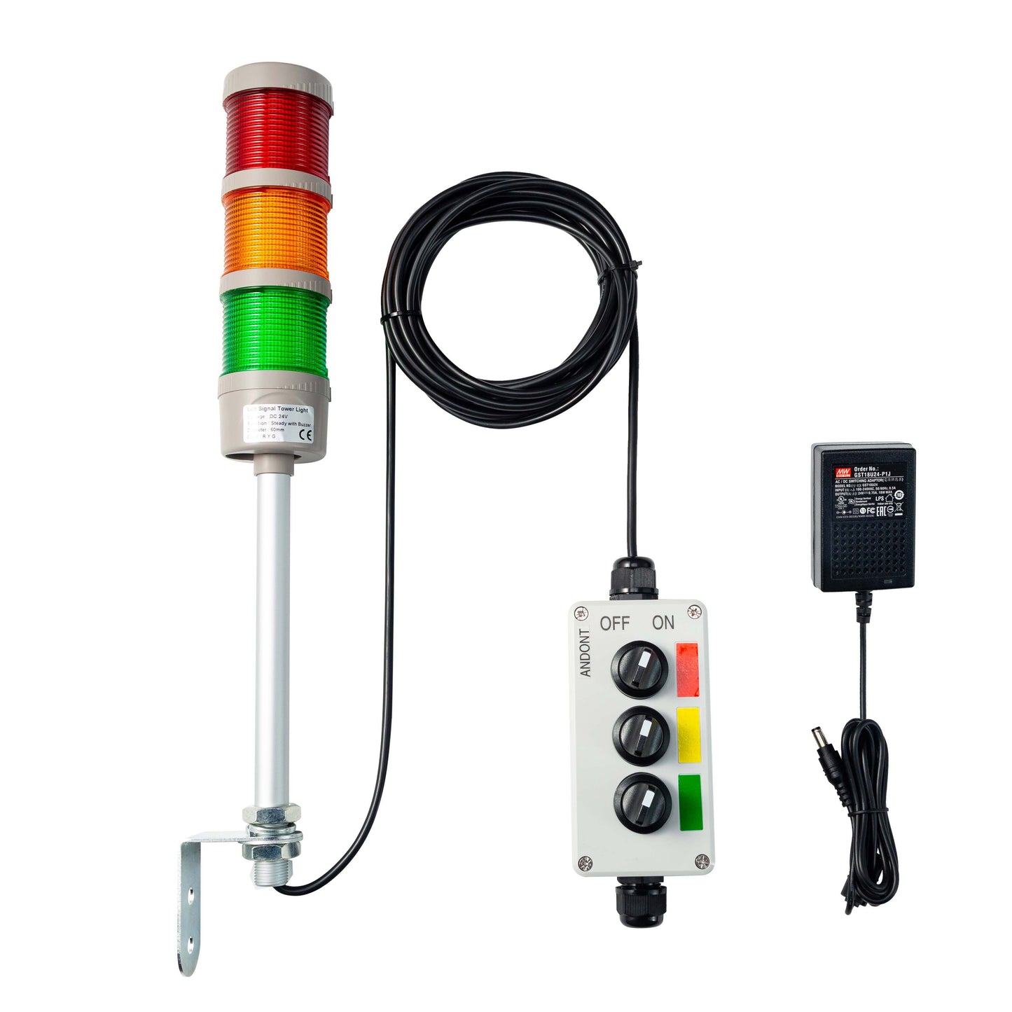 ANDONT 3 Stack Super Bright LED Andon Tower Lights with Buzzer, Red/Yellow/Green, Off-ON or Flash,16 ft Extension Cord, 6 ft Industrial Adapter, IP53, 2.36" Diameter 17.8" Length, Plug Play Ready