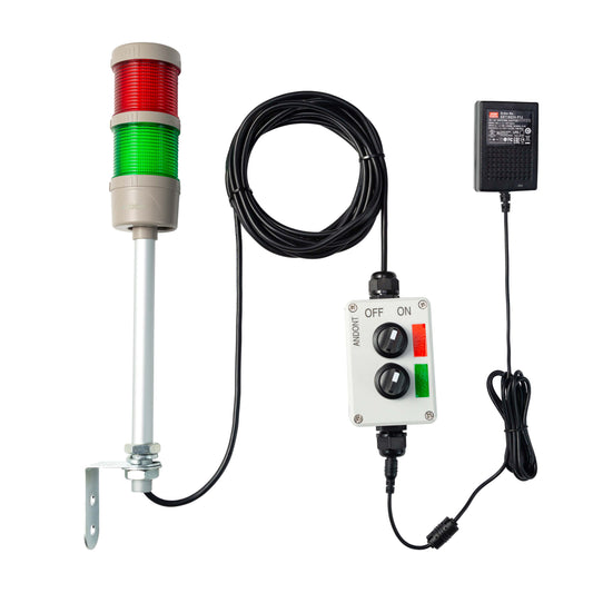 ANDONT 2 Stack Super Bright LED Andon Tower Lights with Buzzer, Red/Green, Off-ON or Flash,16 ft Extension Cord, 6 ft Industrial Adapter, IP53, 2.36" Diameter 15.6" Length, Plug Play Ready