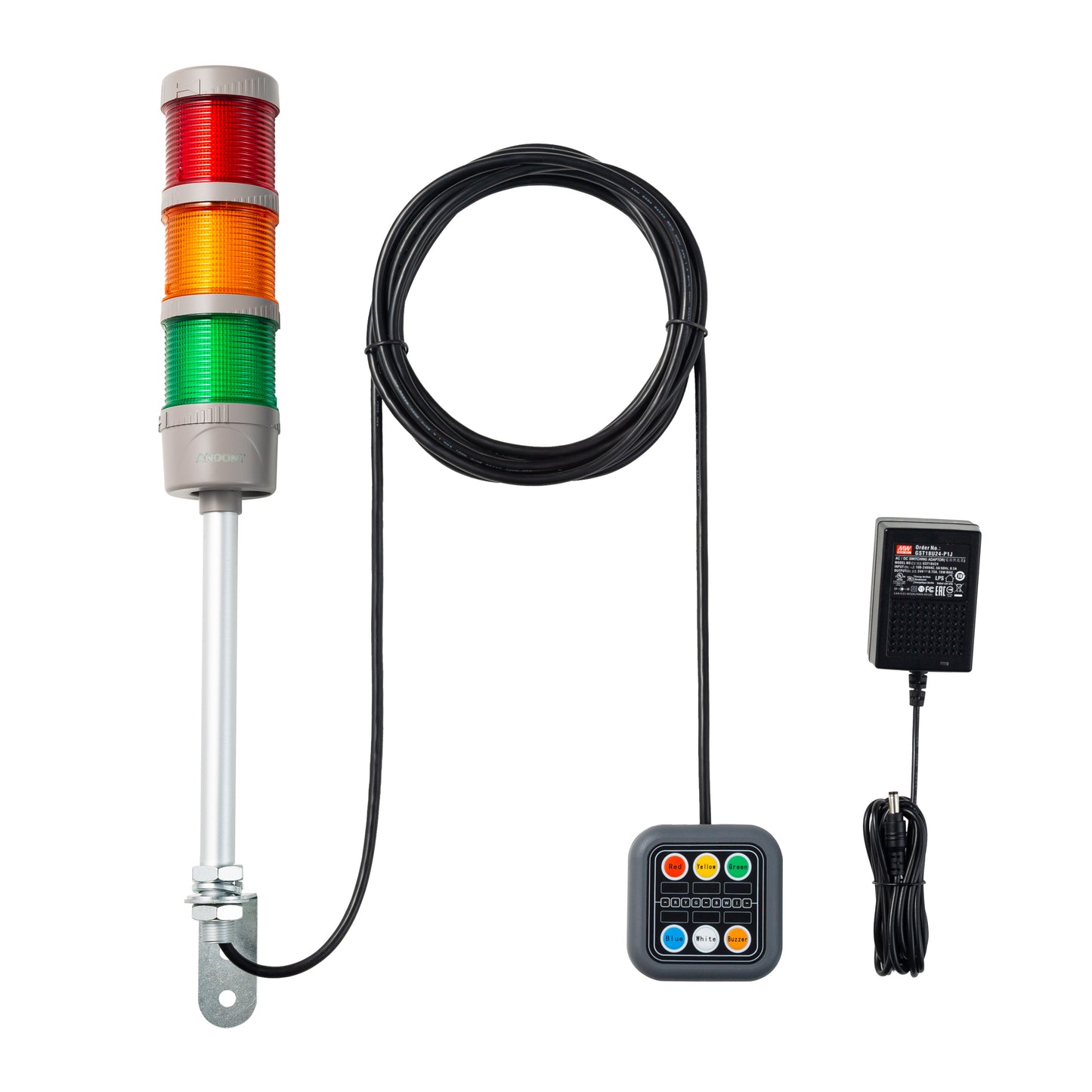ANDONT 3-Stack LED Andon Tower Signal Light with Buzzer, Red/Yellow/Green, On/Off, 16 ft Extension Cord, Plug-and-Play