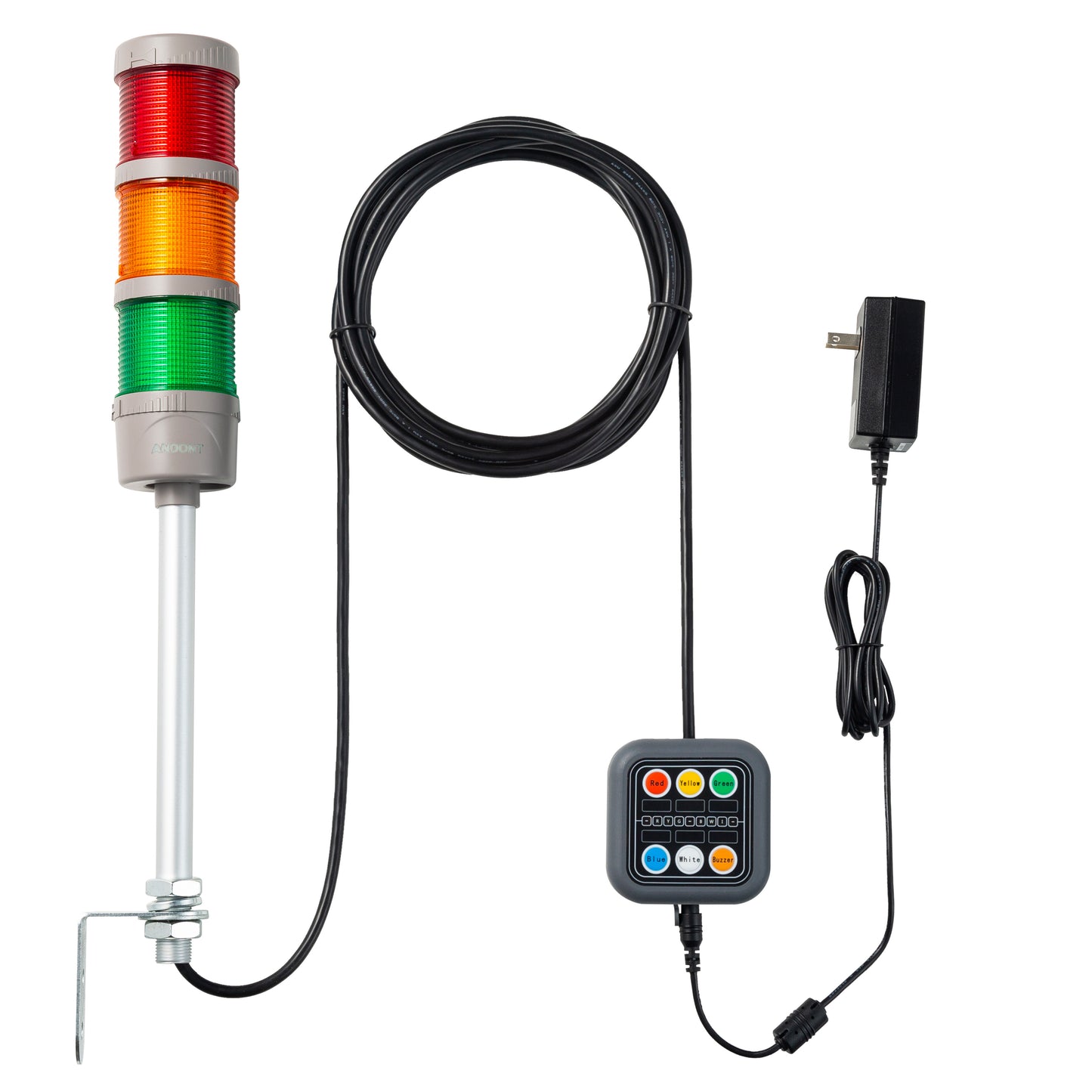 ANDONT 3-Stack LED Andon Tower Signal Light with Buzzer, Red/Yellow/Green, On/Off, 16 ft Extension Cord, Plug-and-Play