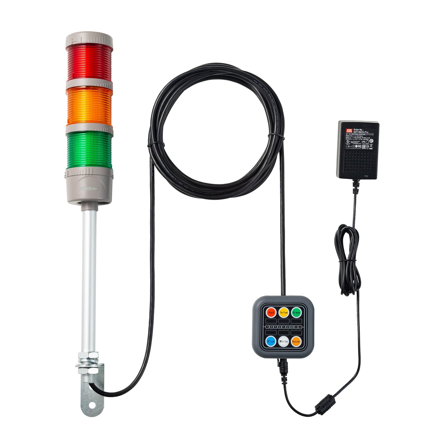 ANDONT 3-Stack LED Andon Tower Signal Light with Buzzer, Red/Yellow/Green, On/Off, 16 ft Extension Cord, Plug-and-Play