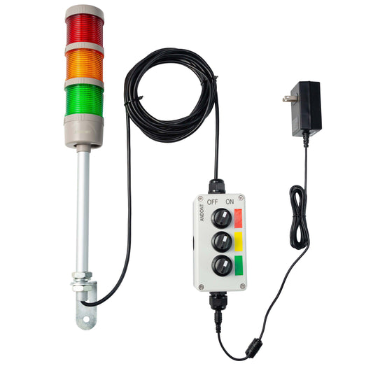 ANDONT 3 Stack Super Bright LED Andon Tower Lights with Buzzer, Red/Yellow/Green, Off-ON or Flash,16 ft Extension Cord, 6 ft Industrial Adapter, IP53, 2.36" Diameter 17.8" Length, Plug Play Ready