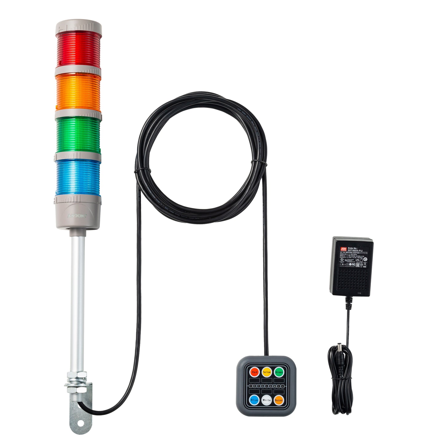 ANDONT 4 Stack Super Bright LED Andon Tower Lights with Buzzer, Red/Yellow/Green/Blue, Off-ON or Flash, Plug Play Ready