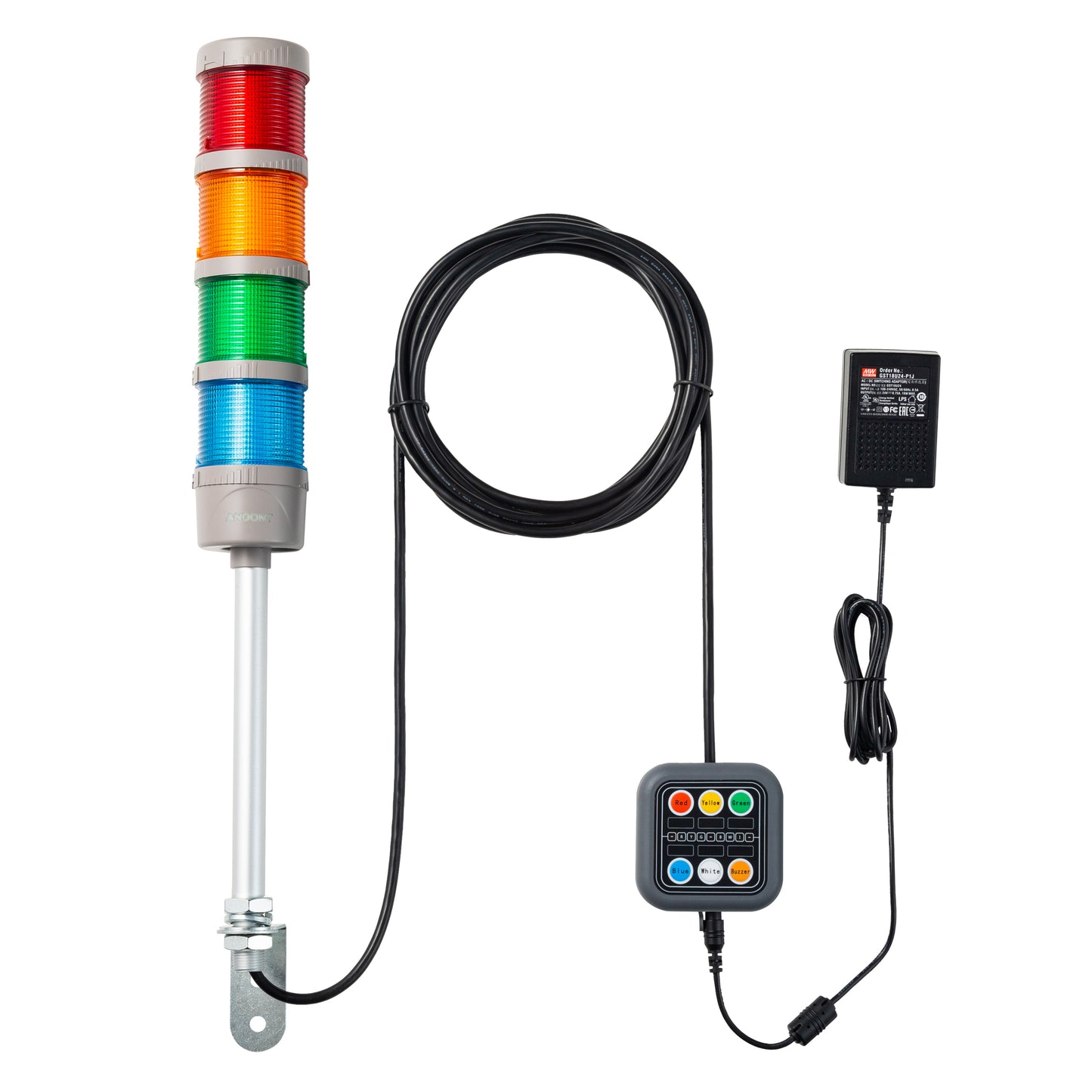 ANDONT 4 Stack Super Bright LED Andon Tower Lights with Buzzer, Red/Yellow/Green/Blue, Off-ON or Flash, Plug Play Ready