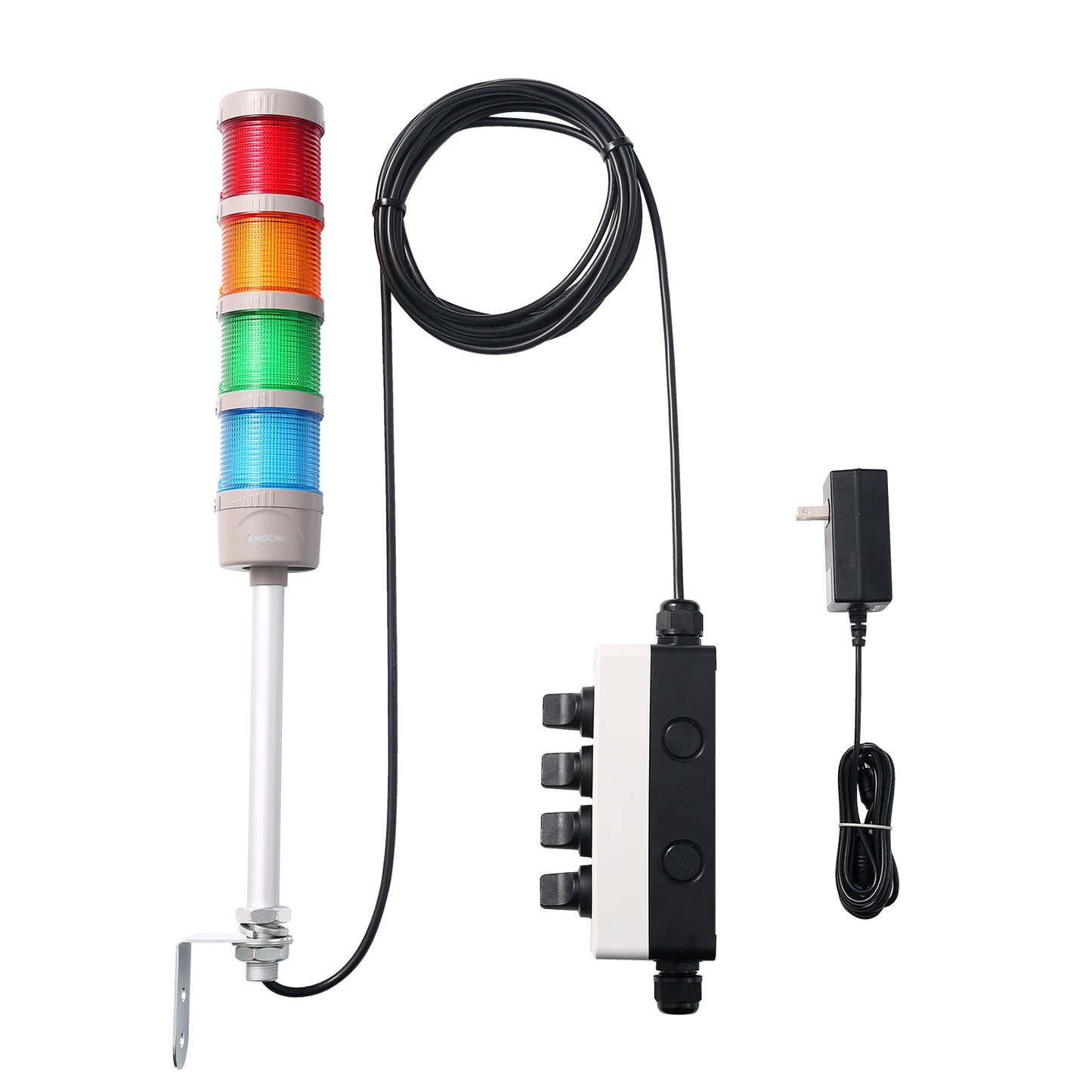 ANDONT 4-Stack LED Andon Tower Signal Light with Buzzer, Red/Yellow/Green/Blue, On/Off/Flash, 16 ft Extension Cord, Plug-and-Play