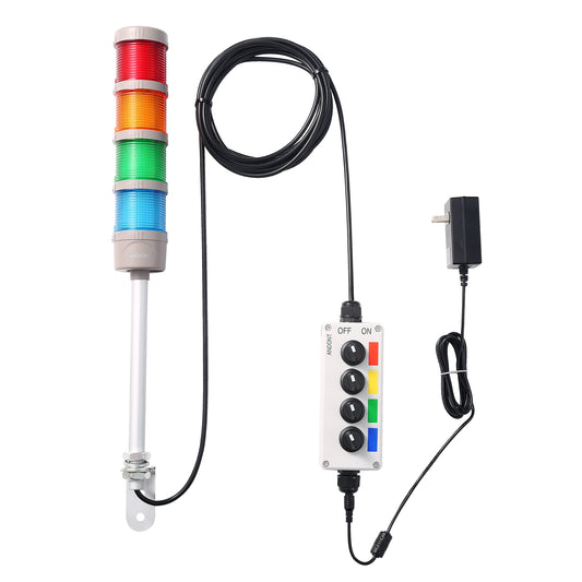 ANDONT 4-Stack LED Andon Tower Signal Light, Red/Yellow/Green/Blue, On/Off, 16 ft Extension Cord, IP65 Rated, Plug-and-Play