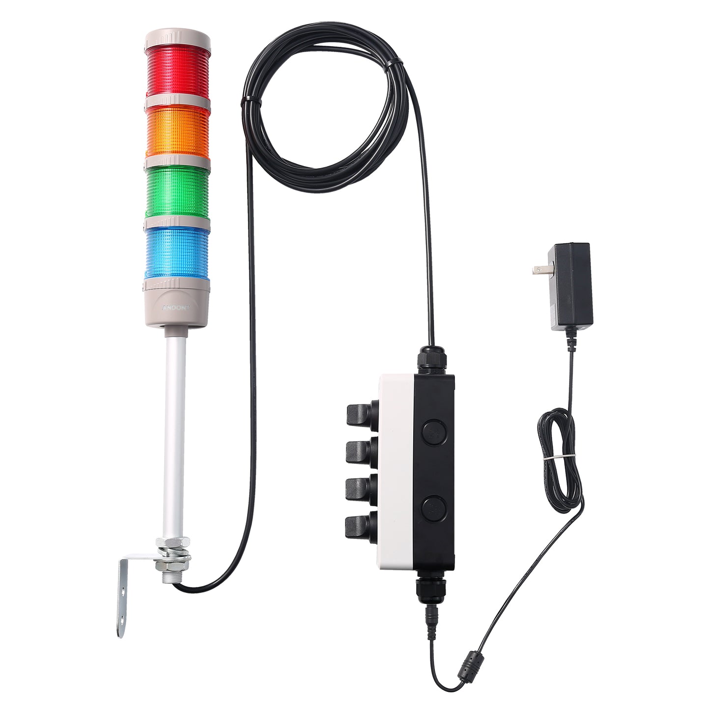 ANDONT 4-Stack LED Andon Tower Signal Light with Buzzer, Red/Yellow/Green/Blue, On/Off/Flash, 16 ft Extension Cord, Plug-and-Play