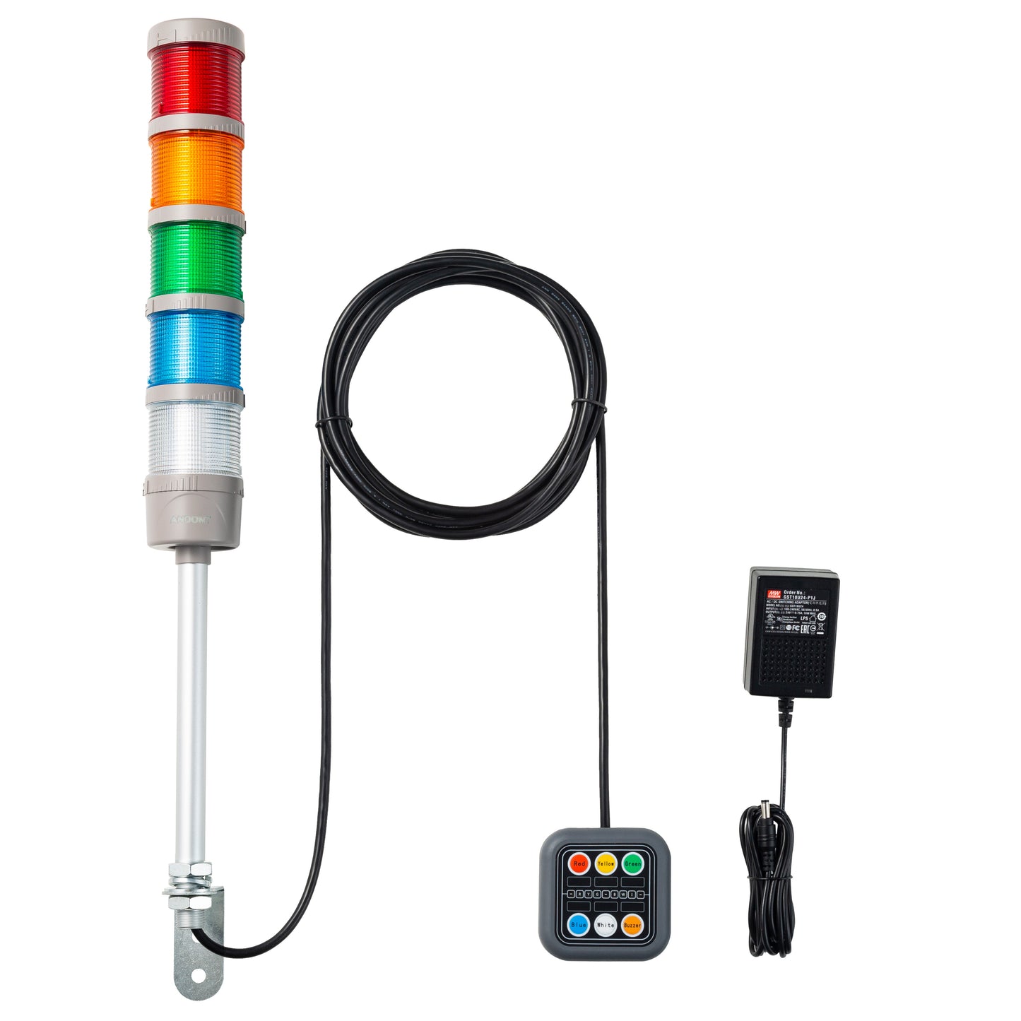 ANDONT 5 Stack Super Bright LED Andon Tower Lights with Buzzer, Red/Yellow/Green/Blue/White, Off-ON or Flash, Plug Play Ready