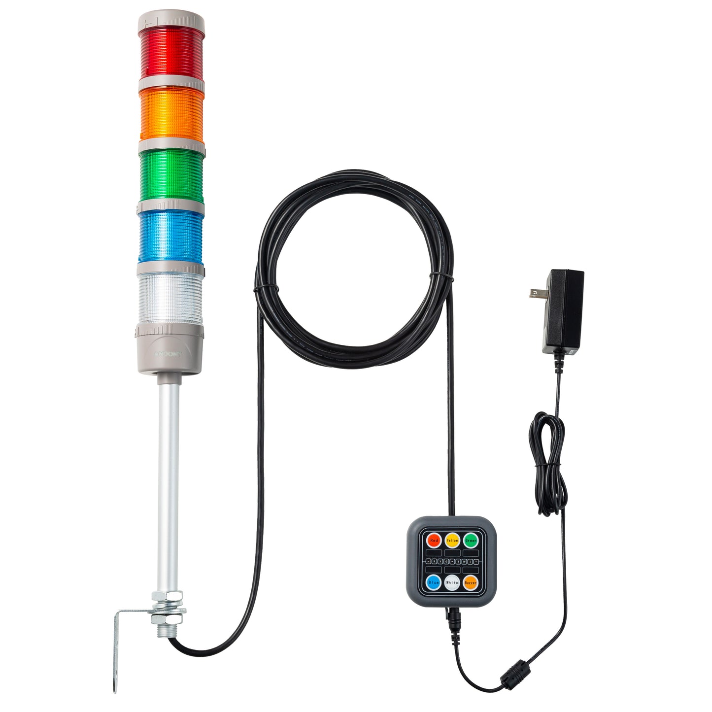 ANDONT 5 Stack Super Bright LED Andon Tower Lights with Buzzer, Red/Yellow/Green/Blue/White, Off-ON or Flash, Plug Play Ready