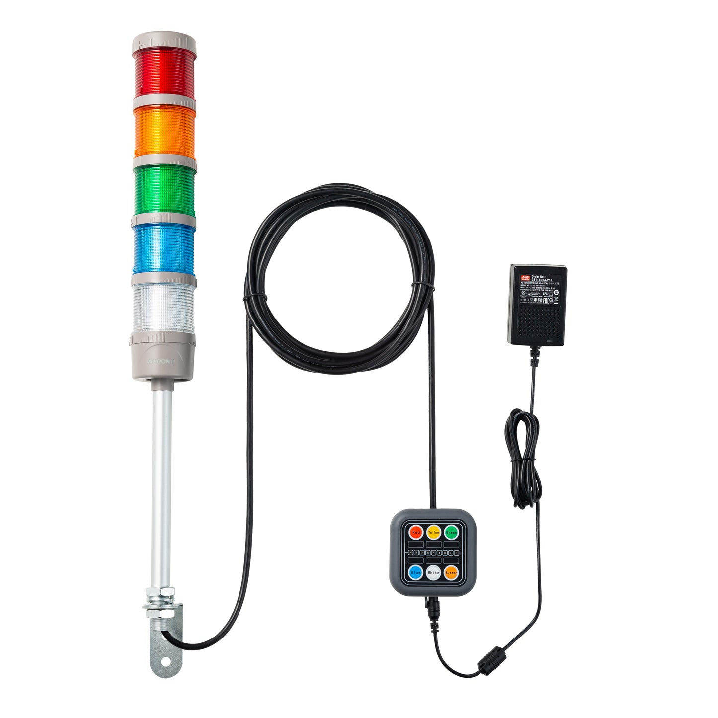 ANDONT 5 Stack Super Bright LED Andon Tower Lights with Buzzer, Red/Yellow/Green/Blue/White, Off-ON or Flash, Plug Play Ready