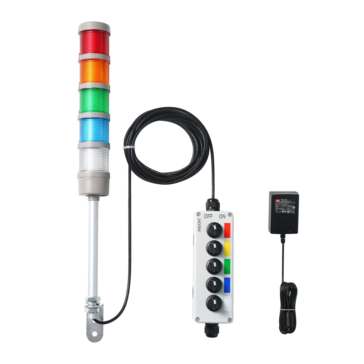 ANDONT 5-Stack LED Andon Tower Signal Light with Buzzer, Red/Yellow/Green/Blue, On/Off/Flash, 16 ft Extension Cord, Plug-and-Play
