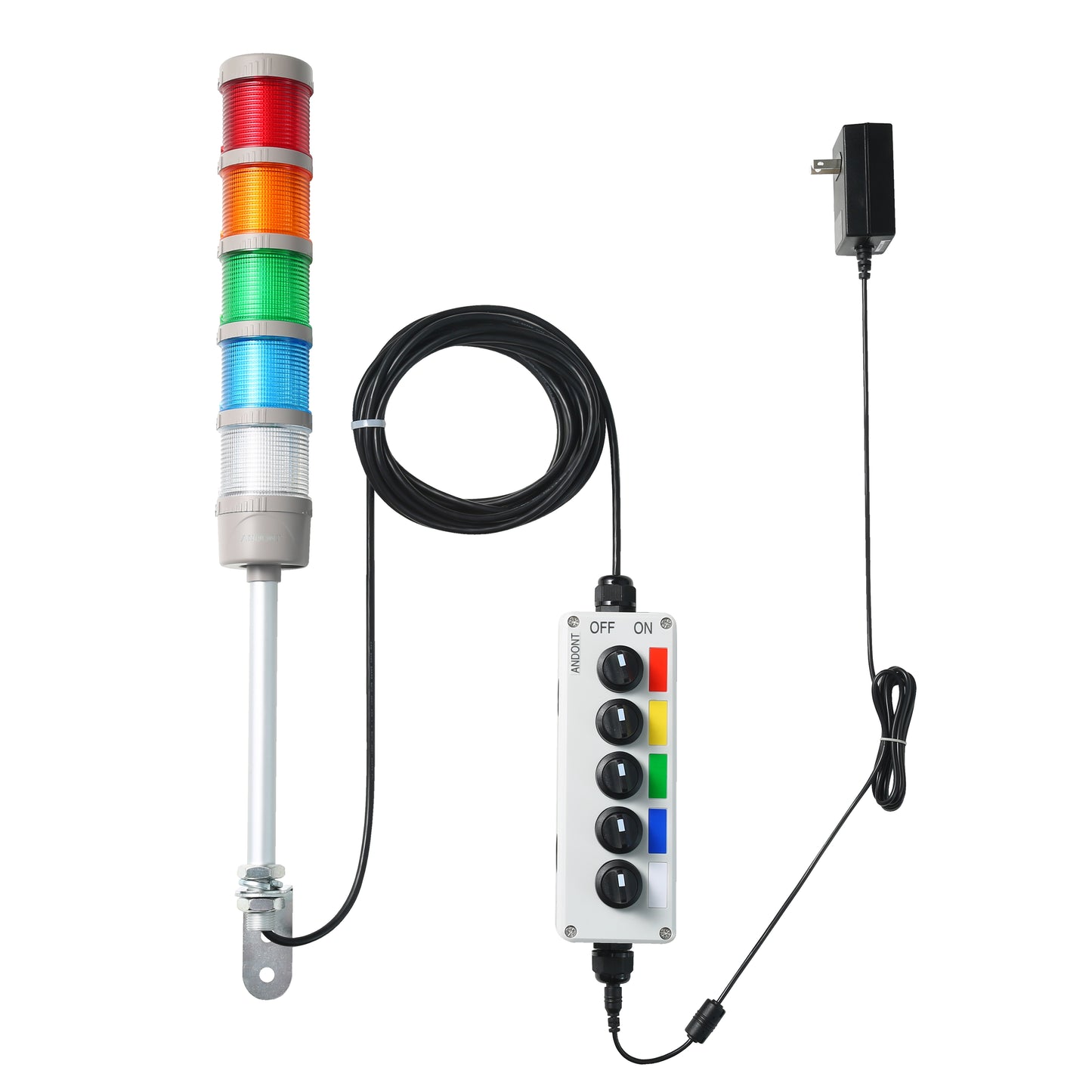 ANDONT 5-Stack LED Andon Tower Signal Light with Buzzer, Red/Yellow/Green/Blue, On/Off/Flash, 16 ft Extension Cord, Plug-and-Play