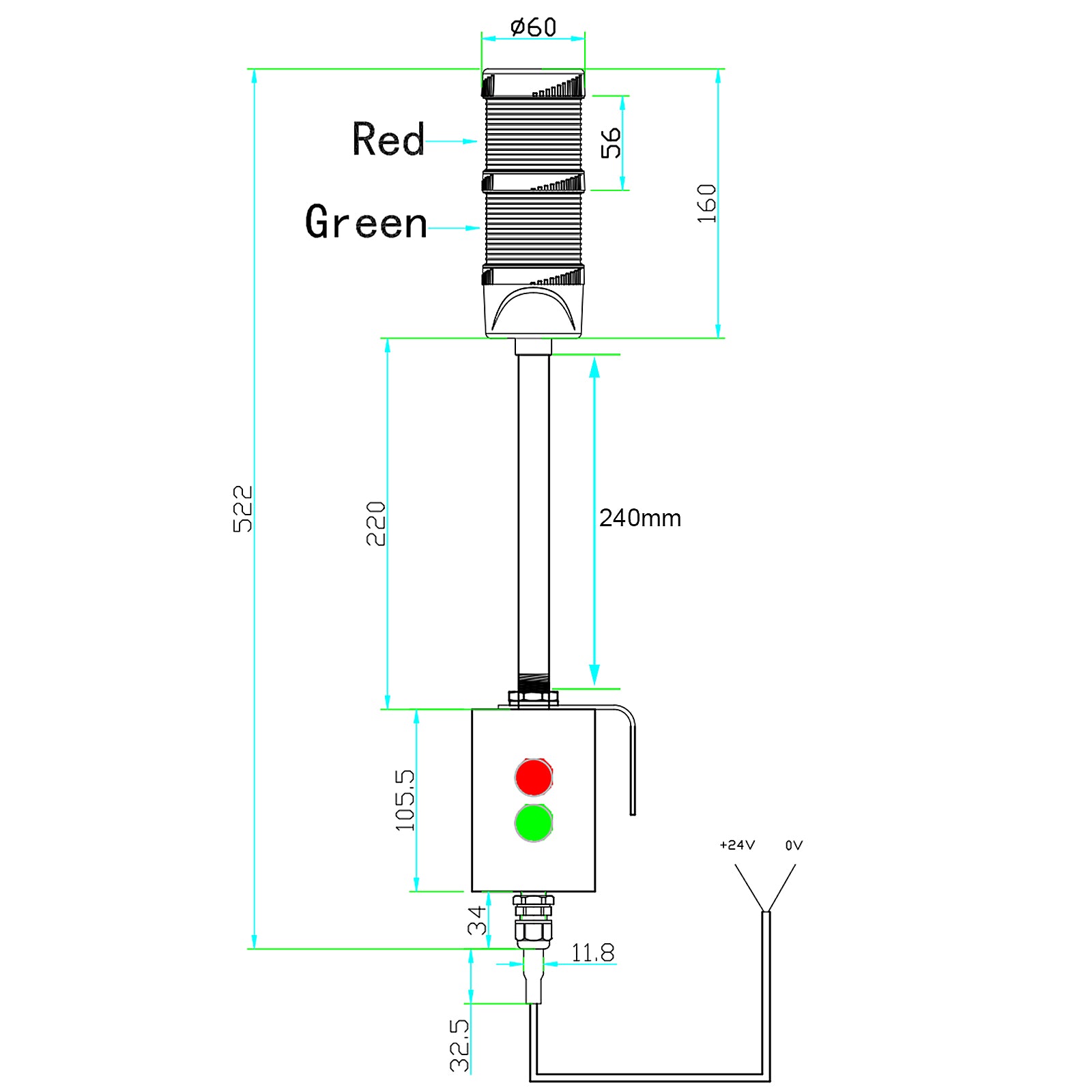 ANDONT 2 Stack Super Bright LED Andon Tower Lights, Red/Green, OFF - ON, 6 ft Industrial Adapter, IP65, 2.36" Diameter 15.6" Length, Plug Play Ready - ANDONT