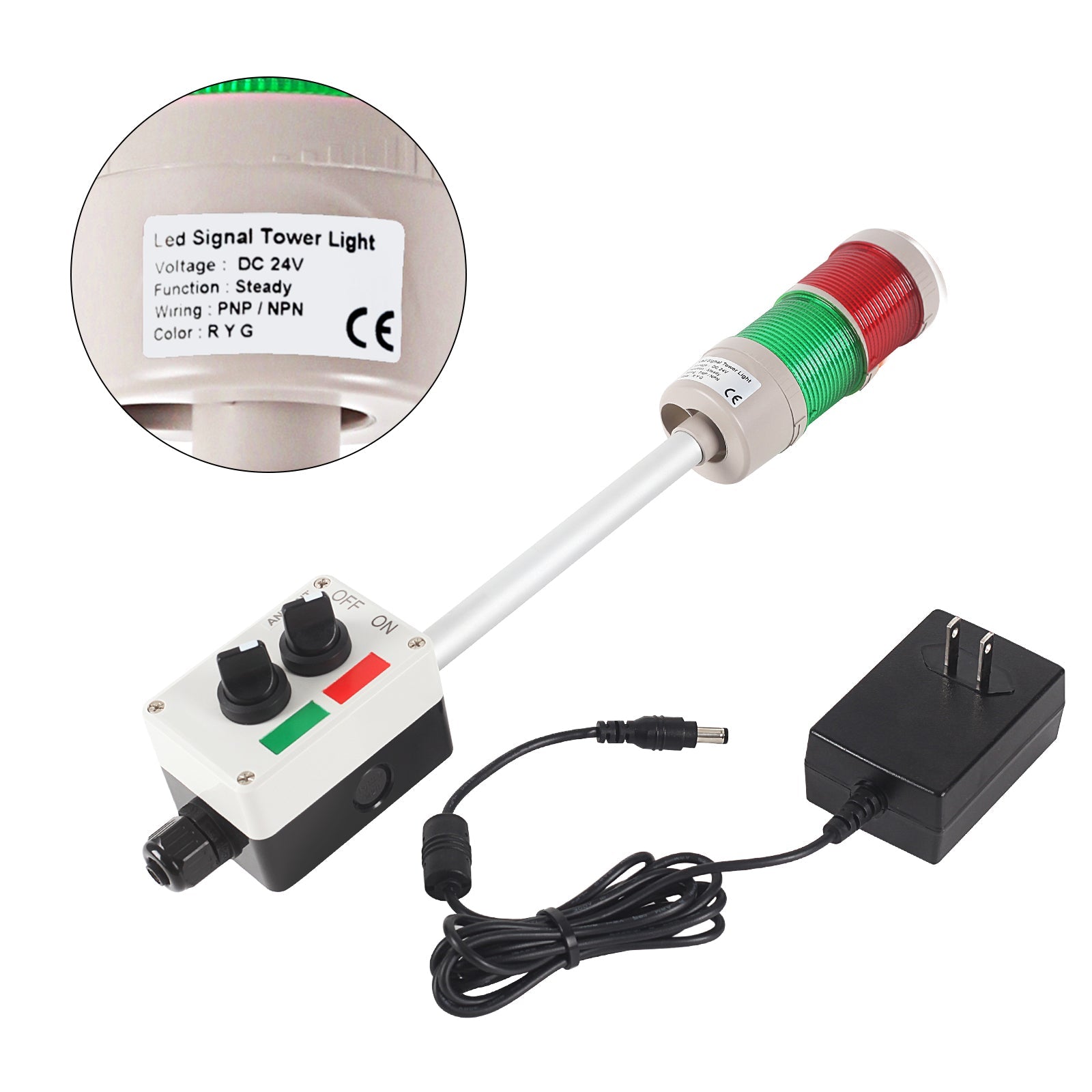 ANDONT 2 Stack Super Bright LED Andon Tower Lights with Buzzer, Red/Green, Off - ON or Flash, 6 ft Industrial Adapter, IP53, 2.36" Diameter 15.6" Length, Plug Play Ready - ANDONT