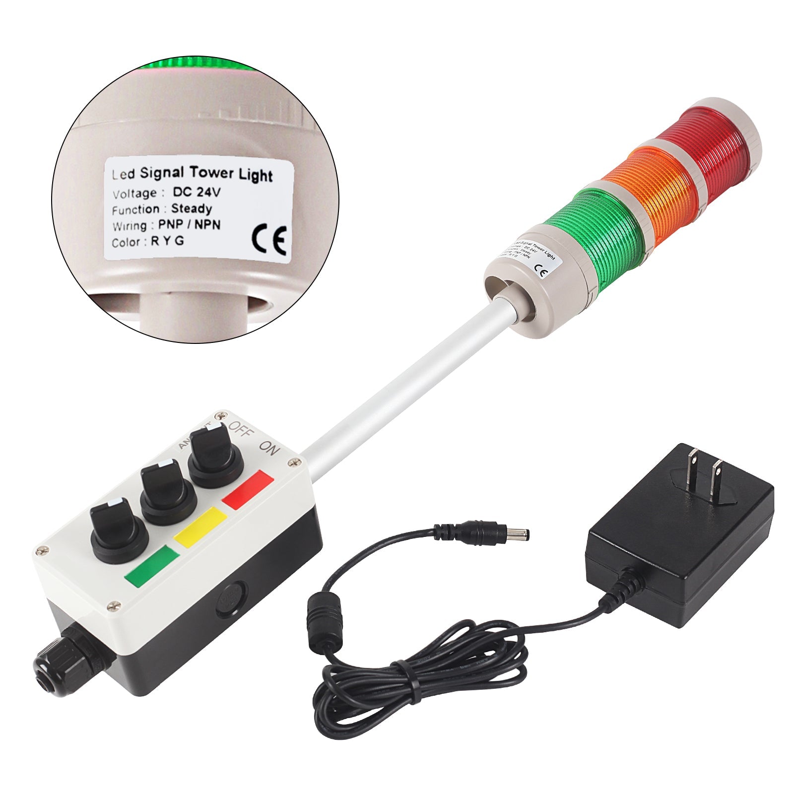 ANDONT 3 Stack Super Bright LED Andon Tower Lights with Buzzer, Red/Yellow/Green, OFF - ON or Flash, 6 ft Industrial Adapter, IP53, 2.36" Diameter 17.8" Length, Plug Play Ready - ANDONT