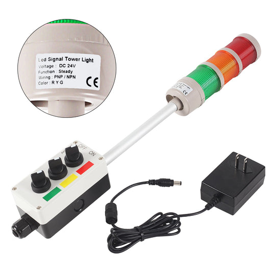 ANDONT 3 Stack Super Bright LED Andon Tower Lights with Buzzer, Red/Yellow/Green, OFF - ON or Flash, 6 ft Industrial Adapter, IP53, 2.36" Diameter 17.8" Length, Plug Play Ready - ANDONT