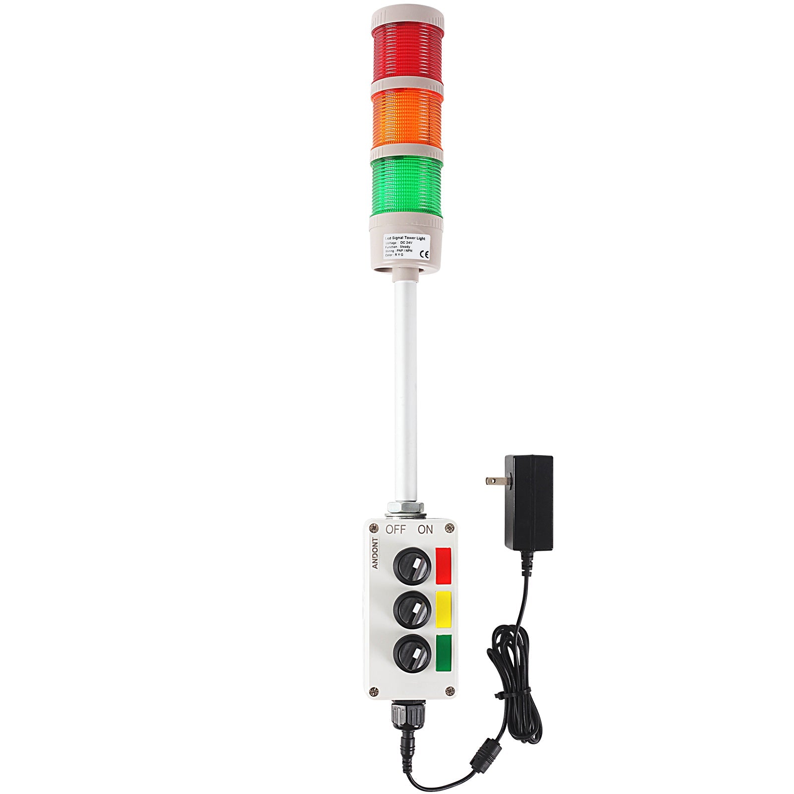 ANDONT 3 Stack Super Bright LED Andon Tower Lights with Buzzer, Red/Yellow/Green, OFF - ON or Flash, 6 ft Industrial Adapter, IP53, 2.36" Diameter 17.8" Length, Plug Play Ready - ANDONT
