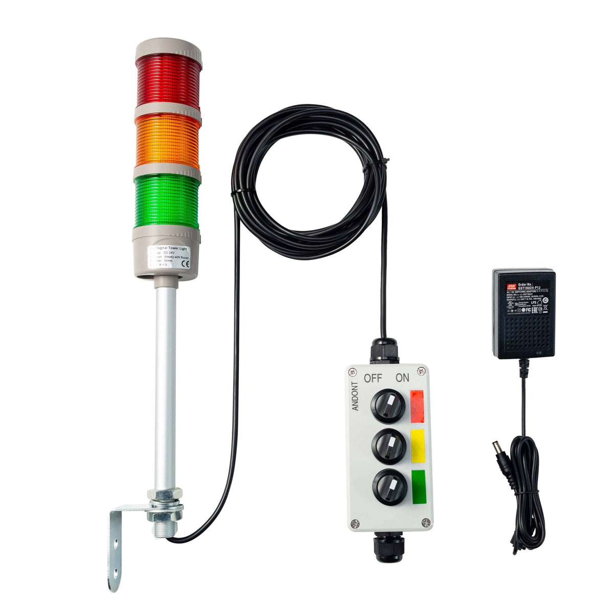 Angon Stack Light ANDONT 3-Stack LED Andon Tower Signal Light, Red/Yellow/Green, On/Off,