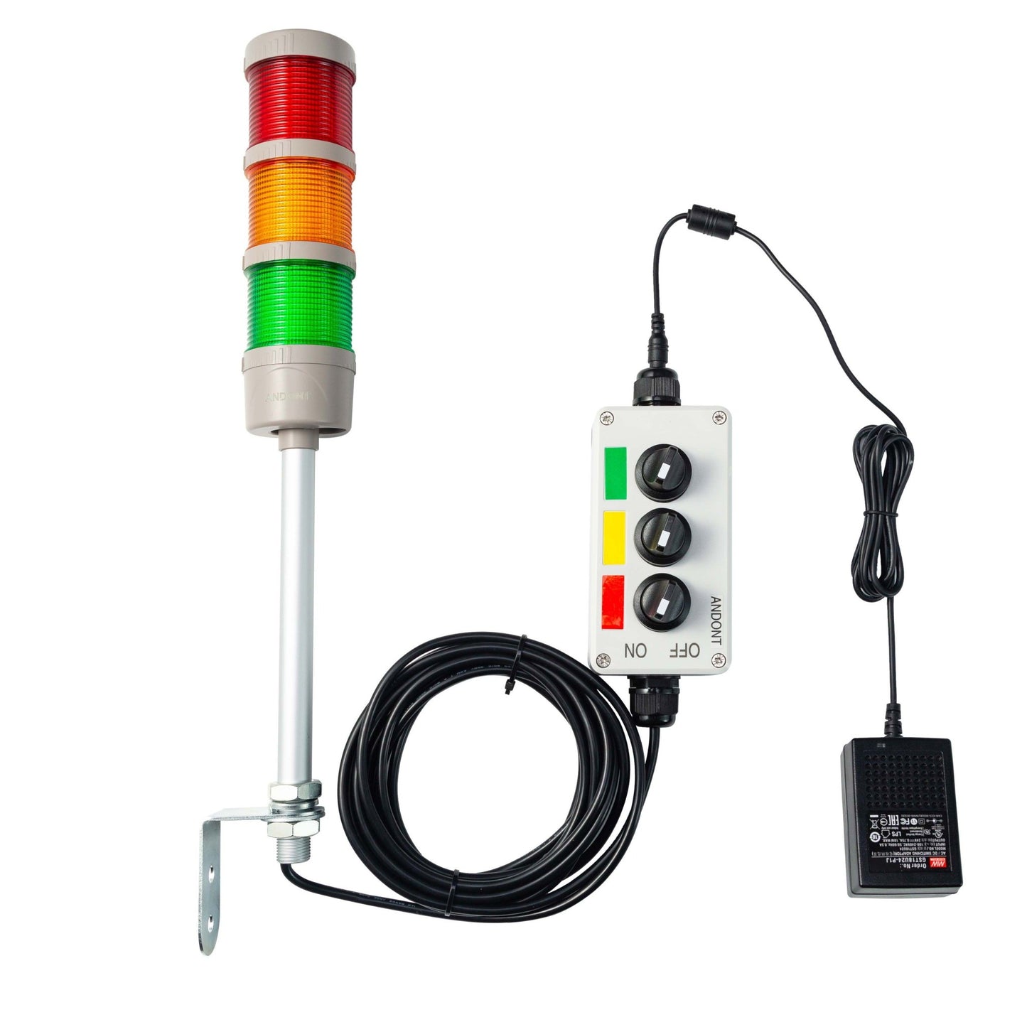 ANDONT 3 Stack Super Bright LED Andon Tower Lights with Buzzer, Red/Yellow/Green, Off - ON or Flash,16 ft Extension Cord, 6 ft Industrial Adapter, IP53, 2.36" Diameter 17.8" Length, Plug Play Ready - ANDONT