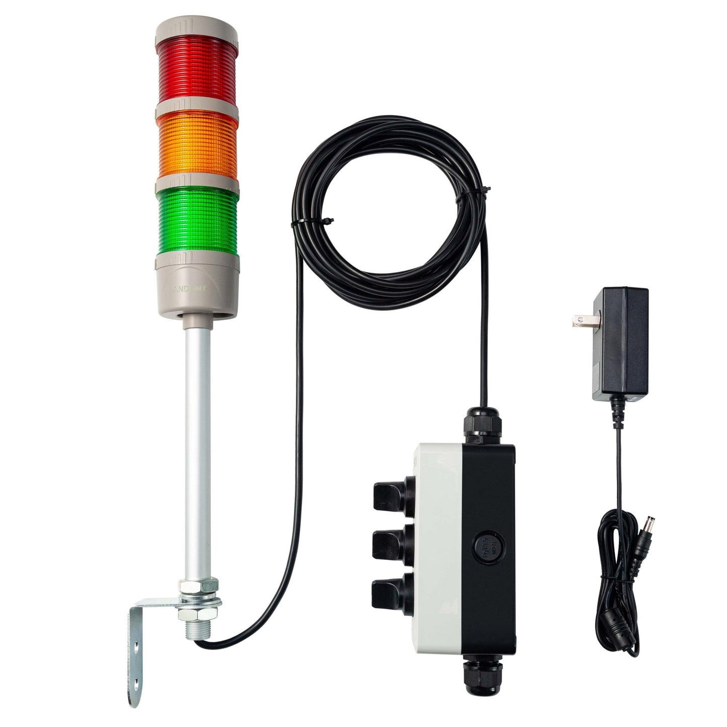 ANDONT 3 Stack Super Bright LED Andon Tower Lights with Buzzer, Red/Yellow/Green, Off - ON or Flash,16 ft Extension Cord, 6 ft Industrial Adapter, IP53, 2.36" Diameter 17.8" Length, Plug Play Ready - ANDONT
