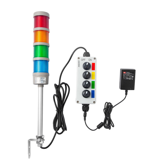 ANDONT 4 Stack Super Bright LED Andon Tower Lights, Red/Yellow/Green/Blue, Off - ON,16 ft Extension Cord, 6 ft Industrial Adapter, IP65, 2.36" Diameter 20" Length, Plug Play Ready - ANDONT