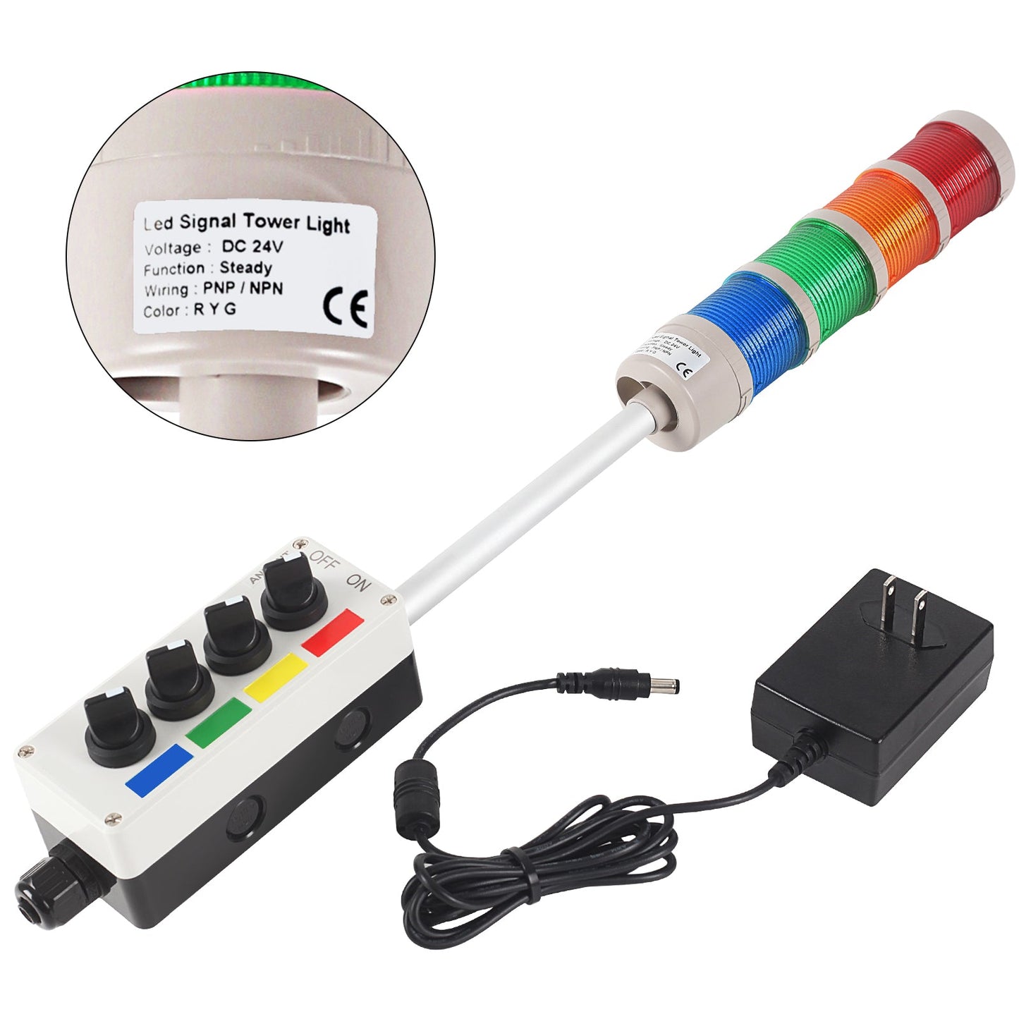 ANDONT 4 Stack Super Bright LED Andon Tower Lights with Buzzer, Red/Yellow/Green/Blue, OFF - ON or Flash, 6 ft Industrial Adapter, IP53, 2.36" Diameter 20" Length, Plug Play Ready - ANDONT