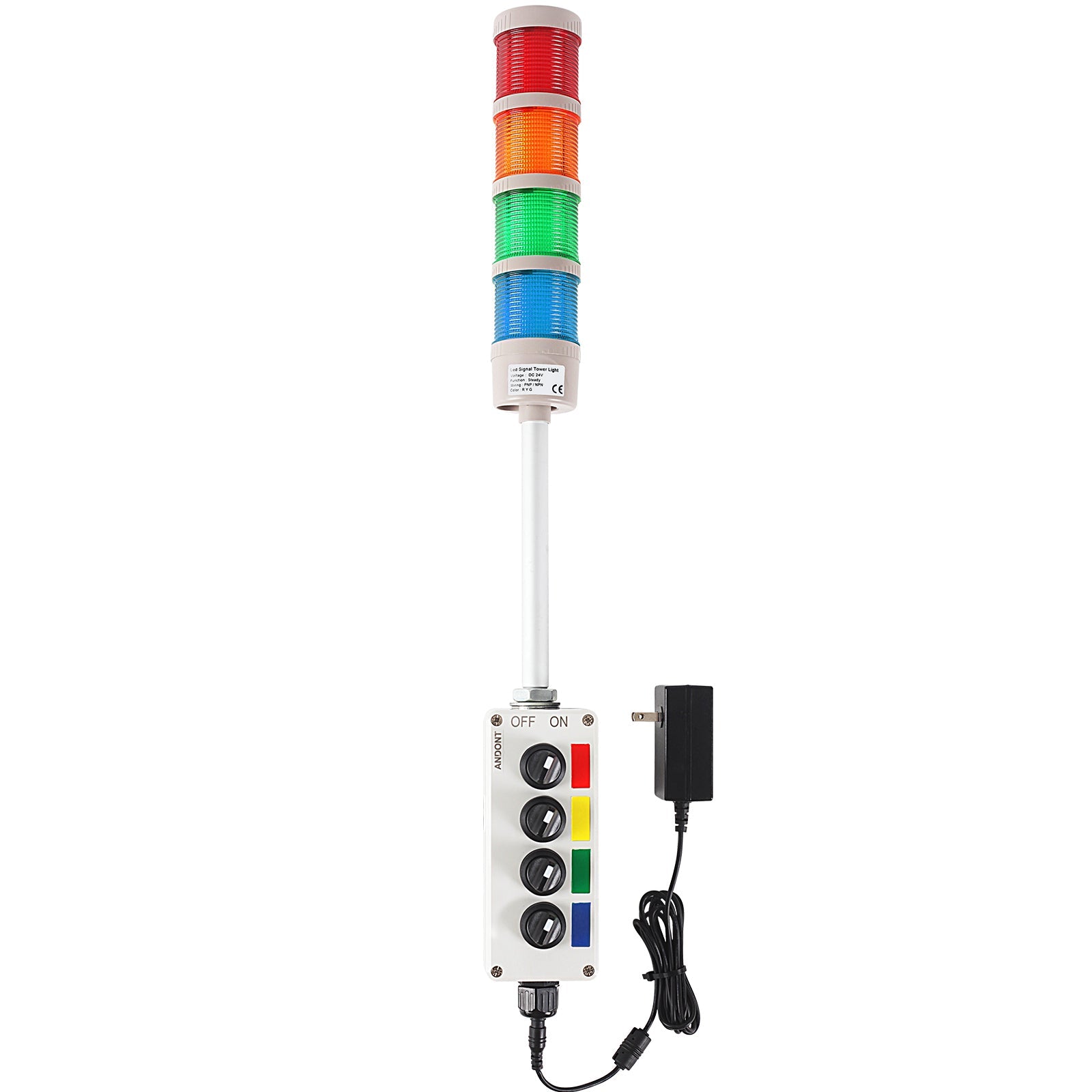 ANDONT 4 Stack Super Bright LED Andon Tower Lights with Buzzer, Red/Yellow/Green/Blue, OFF - ON or Flash, 6 ft Industrial Adapter, IP53, 2.36" Diameter 20" Length, Plug Play Ready - ANDONT
