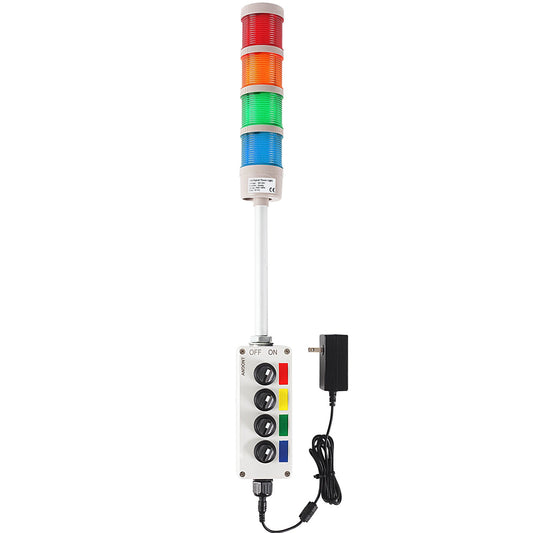 ANDONT 4 Stack Super Bright LED Andon Tower Lights with Buzzer, Red/Yellow/Green/Blue, OFF - ON or Flash, 6 ft Industrial Adapter, IP53, 2.36" Diameter 20" Length, Plug Play Ready - ANDONT